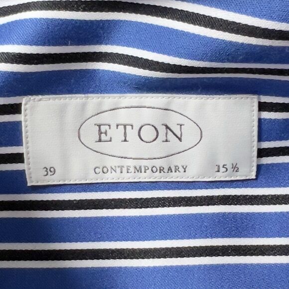 Eton Button Up Long Sleeve Shirt Mens Sz 15.5 39 M Striped Blue Contemporary - Picture 6 of 11